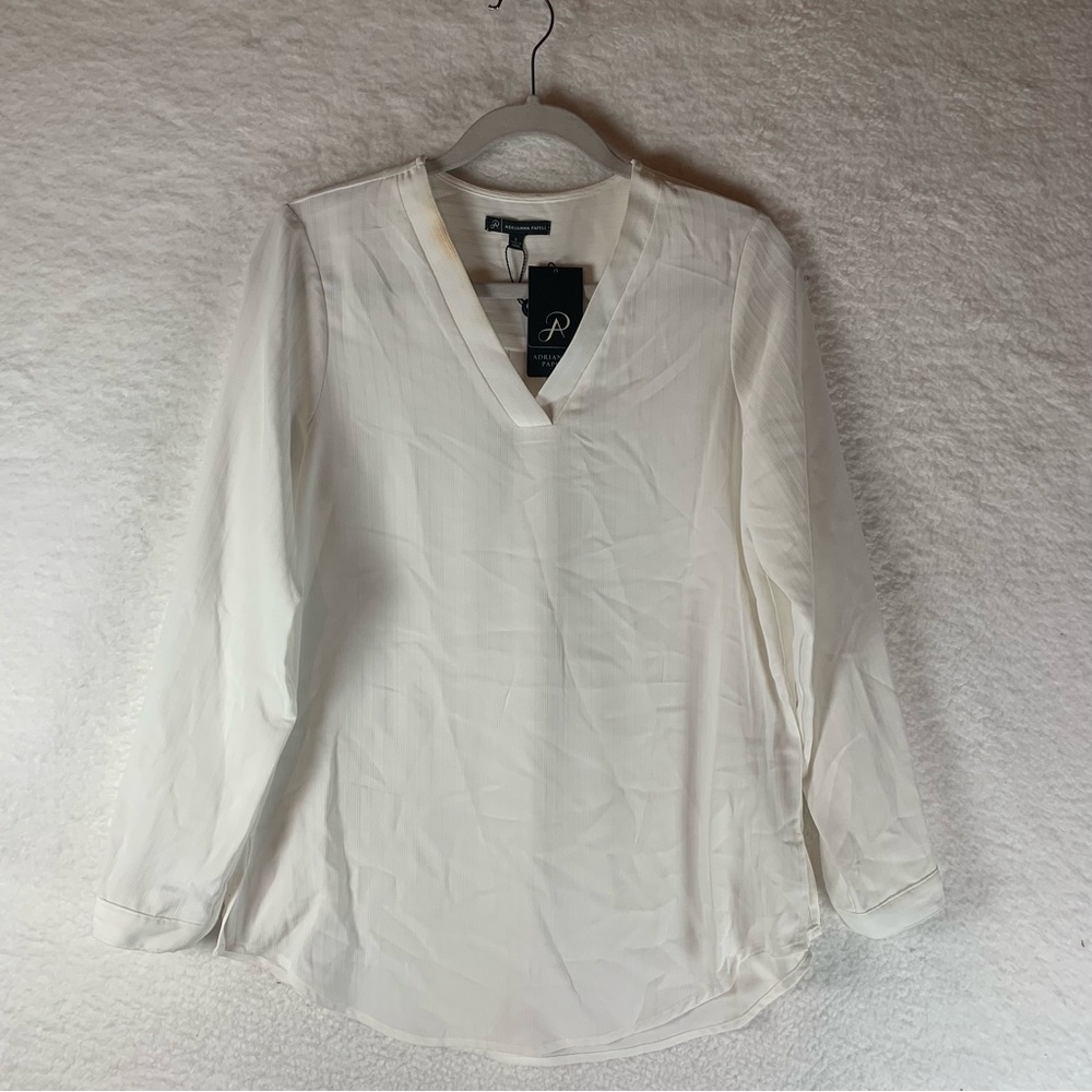 Adrianna Papell Women's S White Pullover V-Neck Tunic Top Blouse NWT Flaw 5958